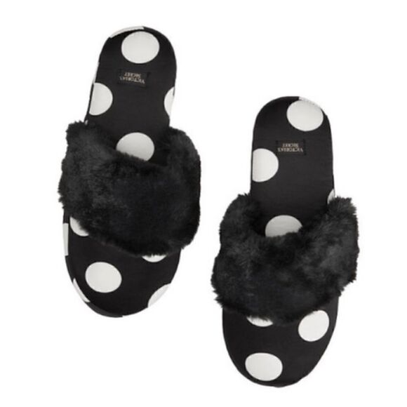 Victoria Secret Slippers Satin Fur Trim Black Polka Dot Pattern Size 9/10 L - Picture 2 of 5
